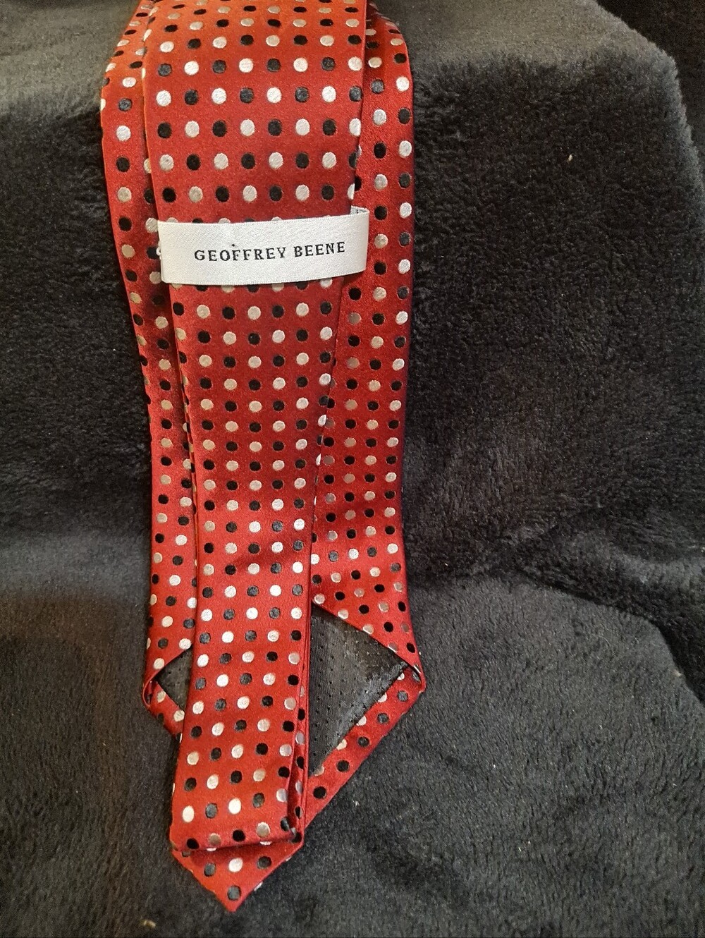 Geoffrey Beene Red Silk Tie with Silver and Black Polka Dots